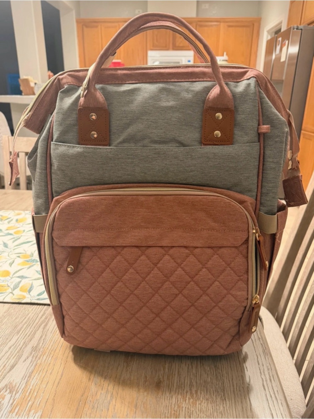 Two-Tone Quilted Baby Bag Backpack - Pink & Gray